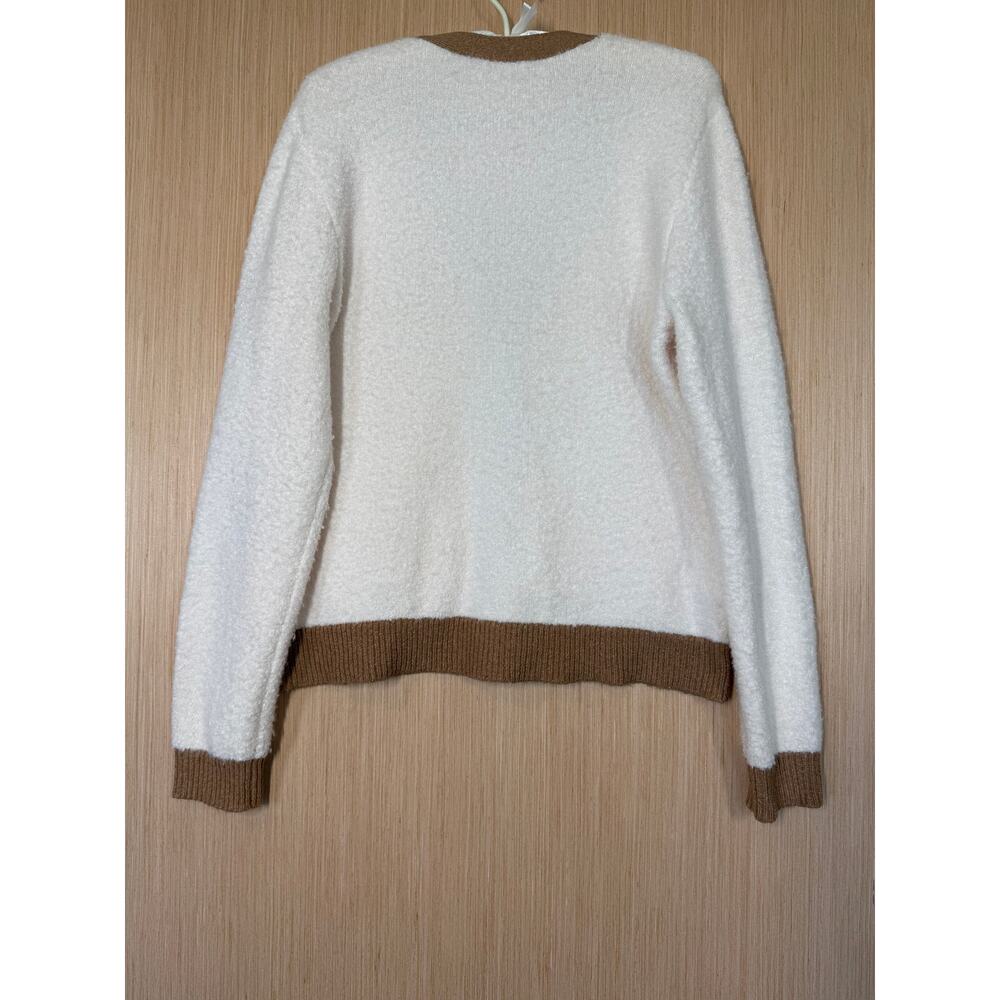 Loft Plush Ribbed Trim Cardigan Sweater Size Large Cream Tan Preppy Minimalist - Picture 4 of 10